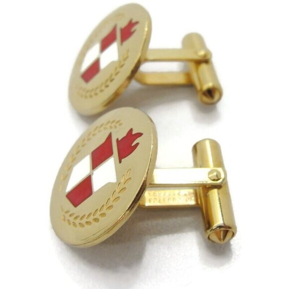 Red White Enamel Checkered Crest 1/20 12Kt Yellow Gold Filled Cufflinks Round - Picture 2 of 10
